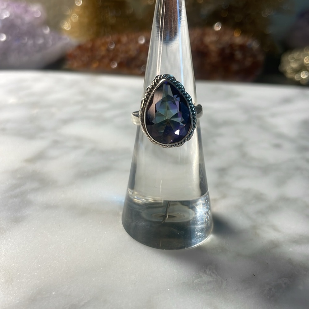 Mystic topaz tear drop ring 925 sterling silver in size 5.75